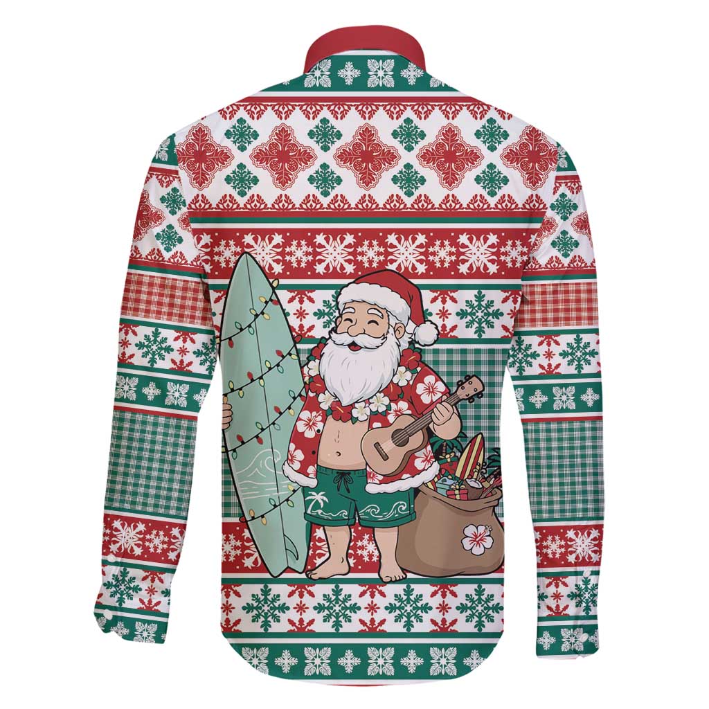 Hawaiian Funny Santa Surf Family Matching Long Sleeve Bodycon Dress and Hawaiian Shirt Mele Kalikimaka Palaka Quilt Pattern - Polynesian Pride
