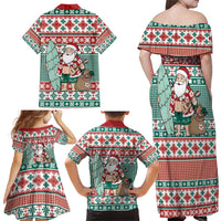 Hawaiian Funny Santa Surf Family Matching Off Shoulder Maxi Dress and Hawaiian Shirt Mele Kalikimaka Palaka Quilt Pattern - Polynesian Pride