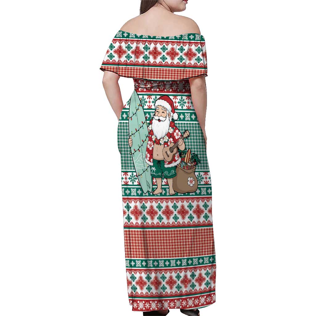 Hawaiian Funny Santa Surf Family Matching Off Shoulder Maxi Dress and Hawaiian Shirt Mele Kalikimaka Palaka Quilt Pattern - Polynesian Pride