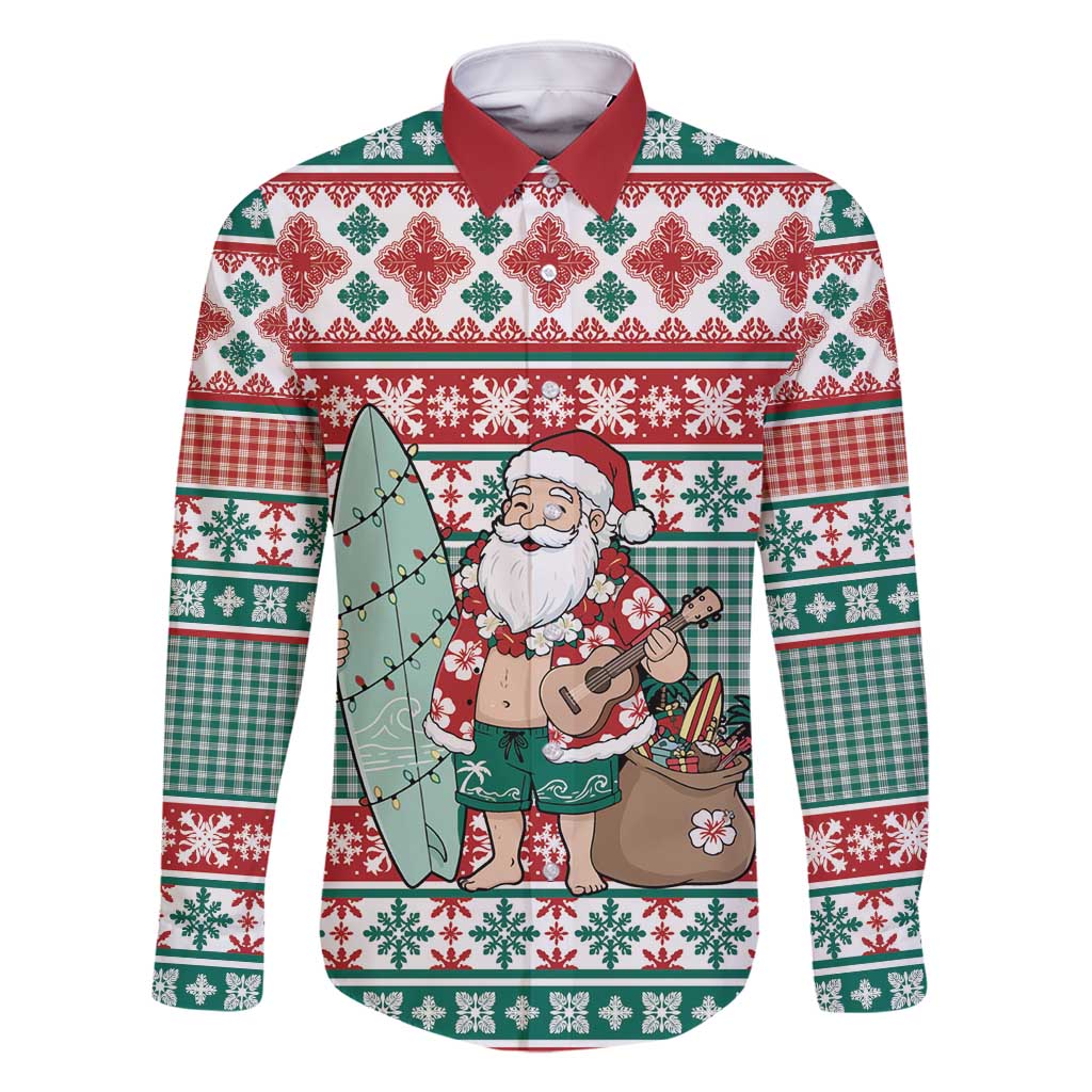 Hawaiian Funny Santa Surf Family Matching Off Shoulder Short Dress and Hawaiian Shirt Mele Kalikimaka Palaka Quilt Pattern - Polynesian Pride