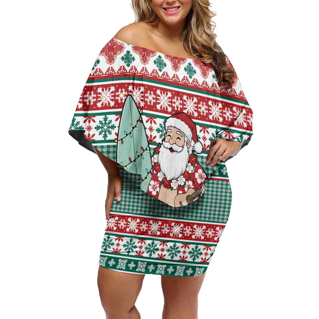Hawaiian Funny Santa Surf Family Matching Off Shoulder Short Dress and Hawaiian Shirt Mele Kalikimaka Palaka Quilt Pattern - Polynesian Pride