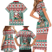 Hawaiian Funny Santa Surf Family Matching Short Sleeve Bodycon Dress and Hawaiian Shirt Mele Kalikimaka Palaka Quilt Pattern - Polynesian Pride