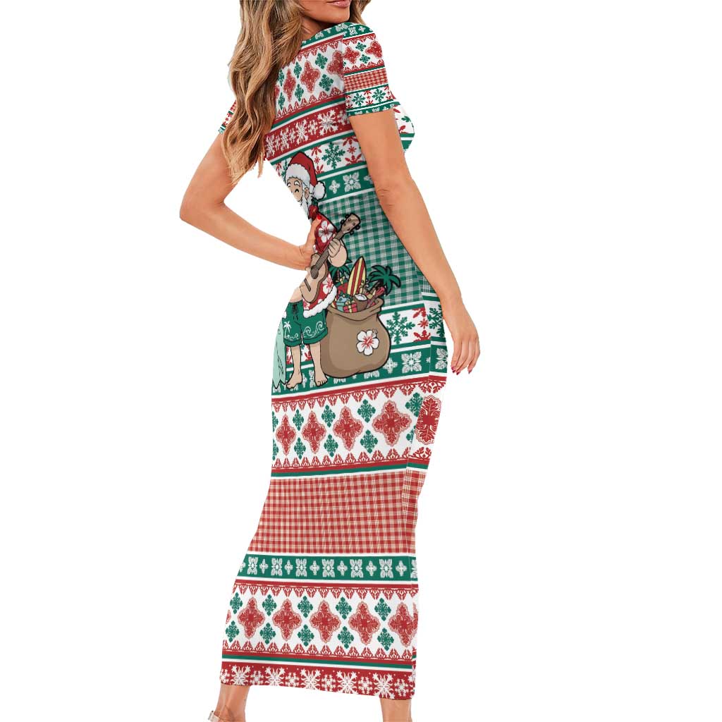 Hawaiian Funny Santa Surf Family Matching Short Sleeve Bodycon Dress and Hawaiian Shirt Mele Kalikimaka Palaka Quilt Pattern - Polynesian Pride