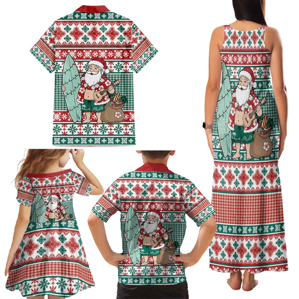 Hawaiian Funny Santa Surf Family Matching Tank Maxi Dress and Hawaiian Shirt Mele Kalikimaka Palaka Quilt Pattern - Polynesian Pride