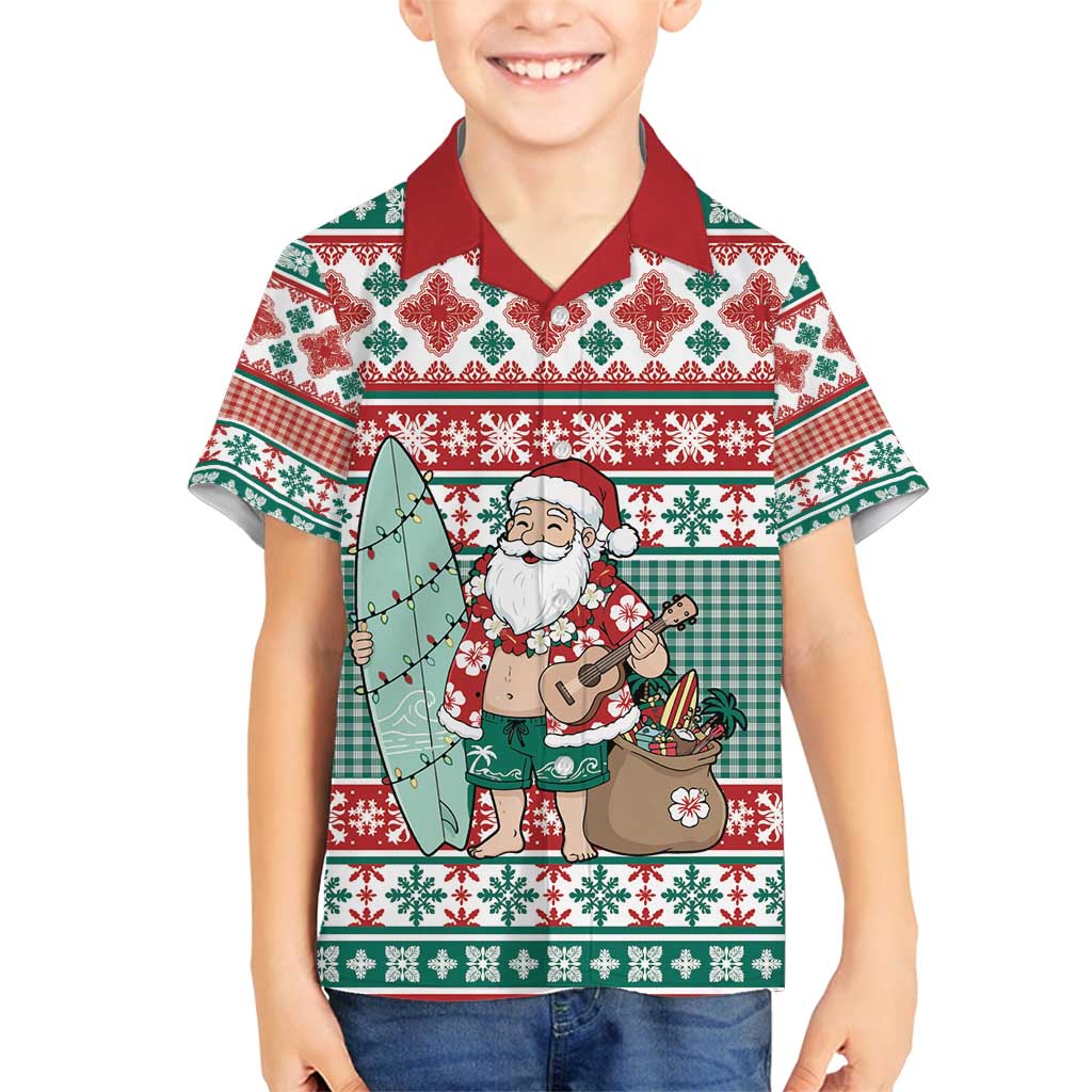 Hawaiian Funny Santa Surf Family Matching Tank Maxi Dress and Hawaiian Shirt Mele Kalikimaka Palaka Quilt Pattern - Polynesian Pride