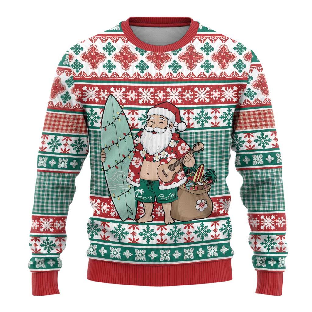 Hawaiian Funny Santa Surf Ugly Christmas Sweater Mele Kalikimaka Palaka Quilt Pattern - Polynesian Pride