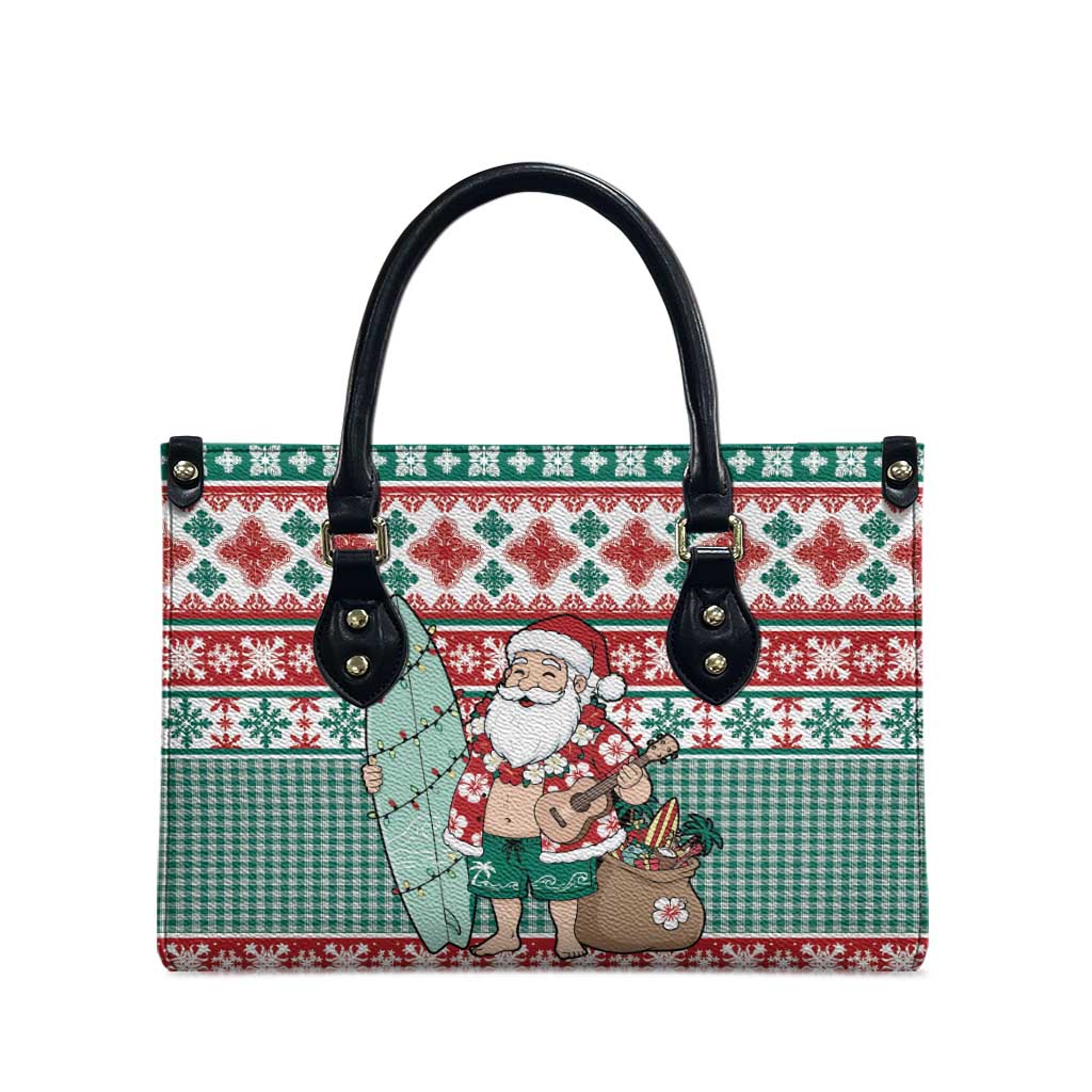Hawaiian Funny Santa Surf Leather Bag Mele Kalikimaka Palaka Quilt Pattern - Polynesian Pride