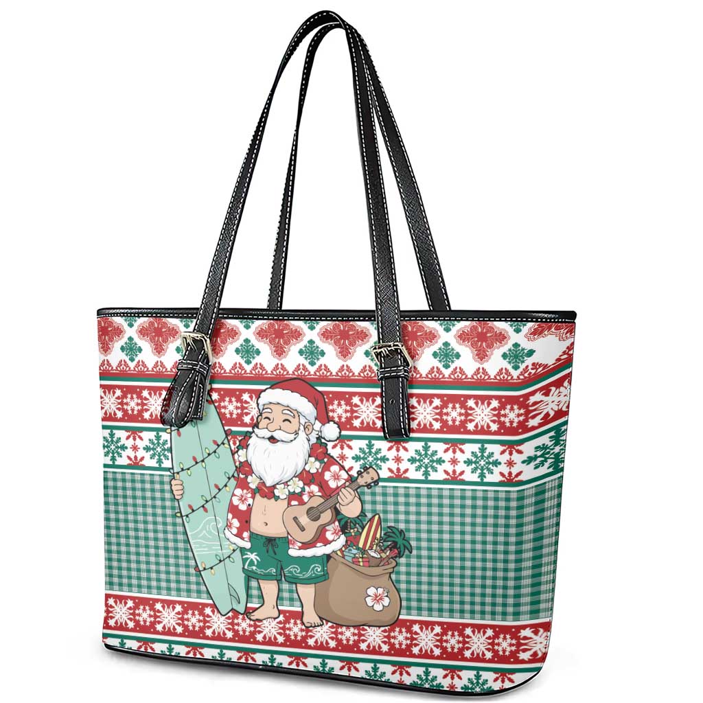 Hawaiian Funny Santa Surf Leather Tote Bag Mele Kalikimaka Palaka Quilt Pattern - Polynesian Pride