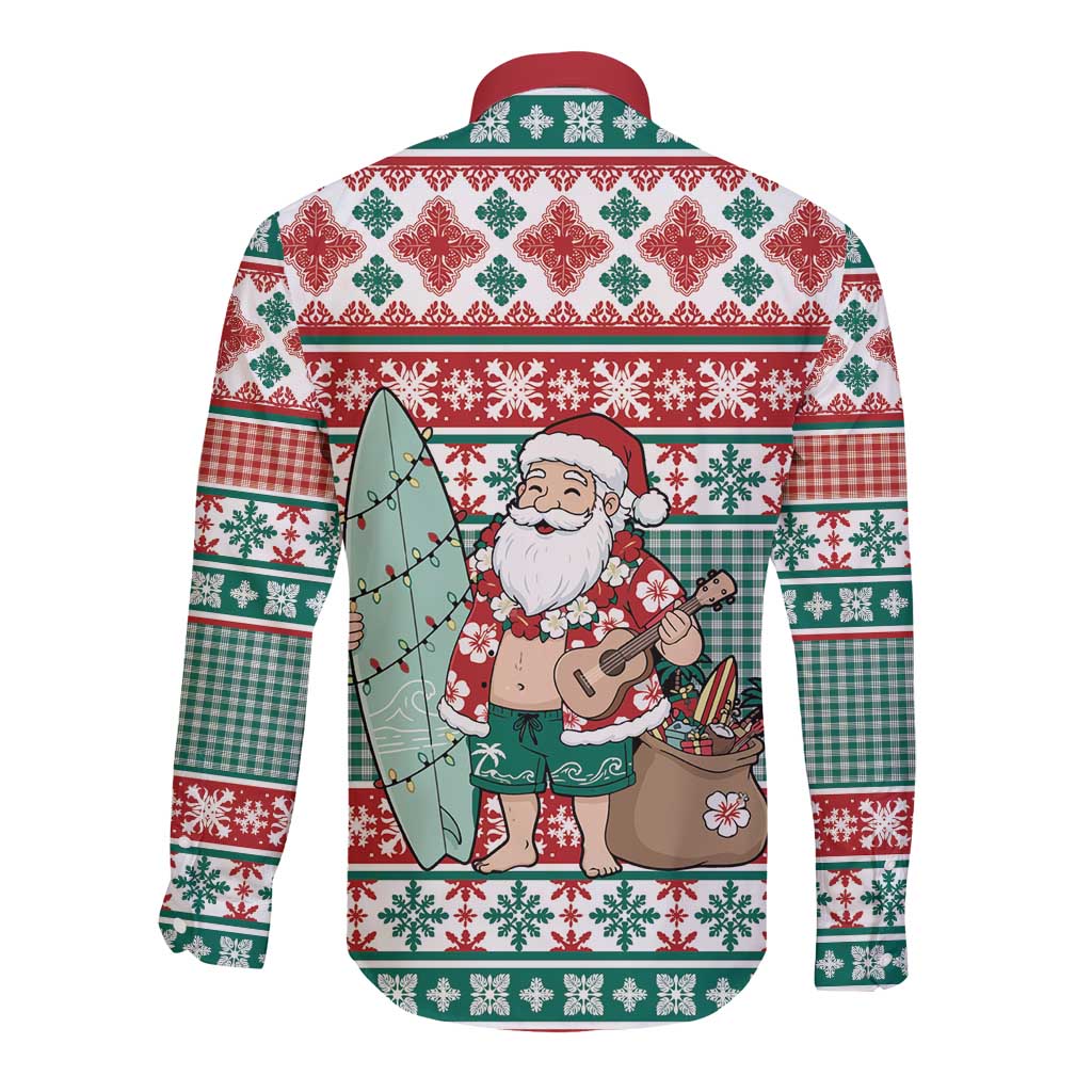 Hawaiian Funny Santa Surf Long Sleeve Button Shirt Mele Kalikimaka Palaka Quilt Pattern - Polynesian Pride