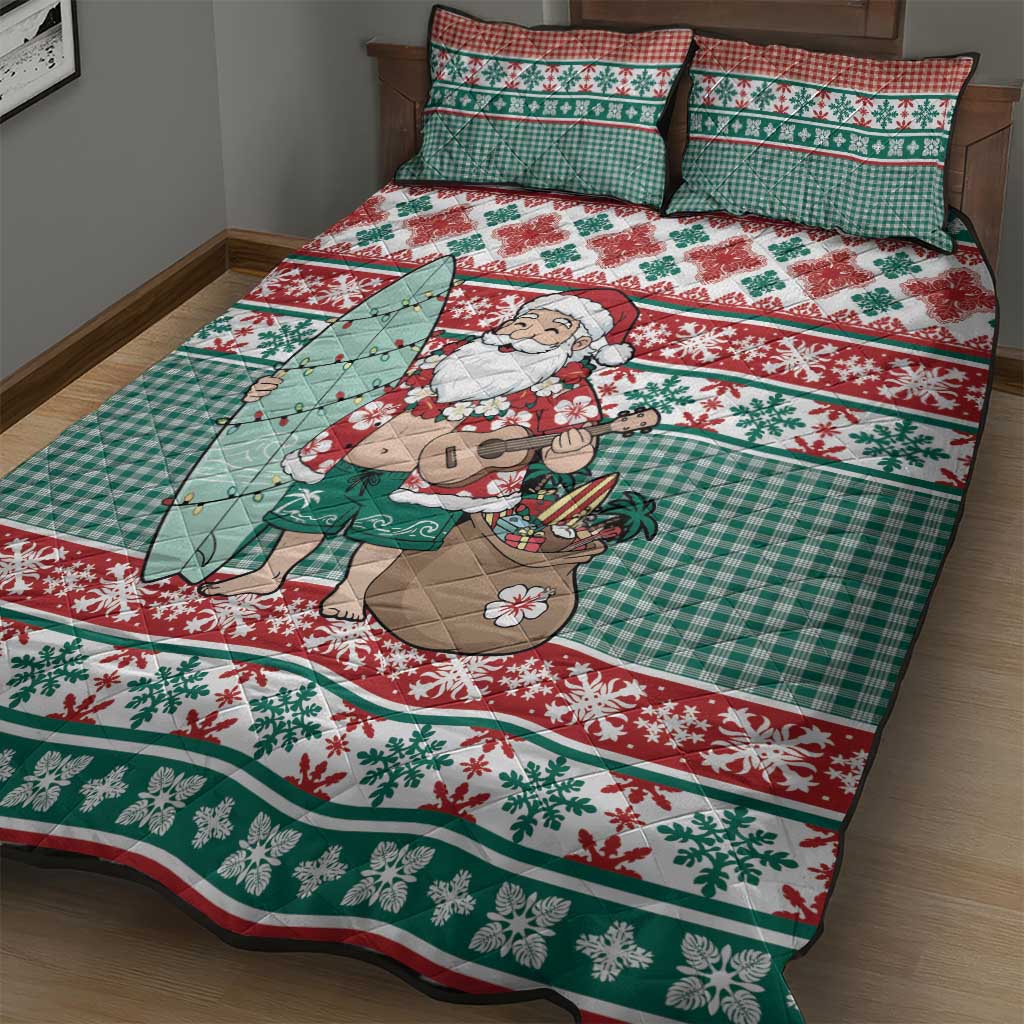 Hawaiian Funny Santa Surf Quilt Bed Set Mele Kalikimaka Palaka Quilt Pattern - Polynesian Pride