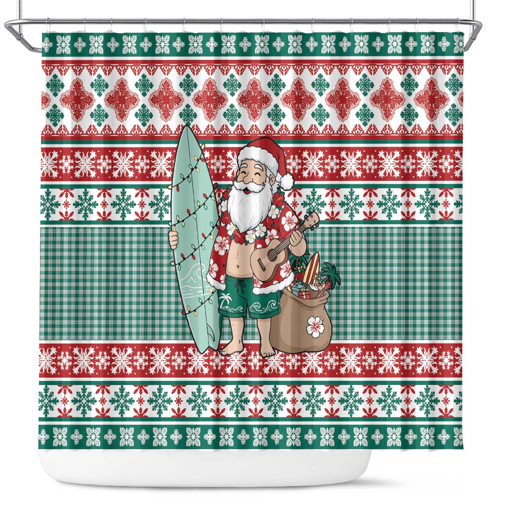 Hawaiian Funny Santa Surf Shower Curtain Mele Kalikimaka Palaka Quilt Pattern - Polynesian Pride