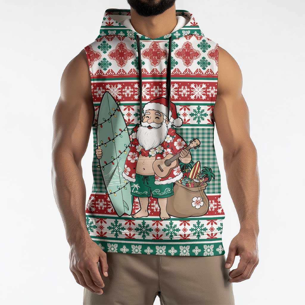 Hawaiian Funny Santa Surf Sleeveless Hoodie Mele Kalikimaka Palaka Quilt Pattern - Polynesian Pride