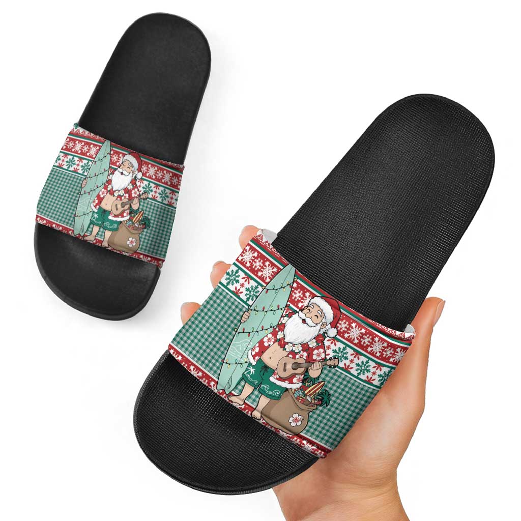 Hawaiian Funny Santa Surf Slide Sandals Mele Kalikimaka Palaka Quilt Pattern - Polynesian Pride
