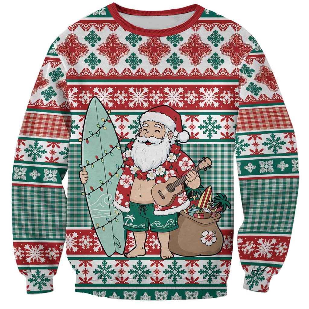 Hawaiian Funny Santa Surf Sweatshirt Mele Kalikimaka Palaka Quilt Pattern - Polynesian Pride