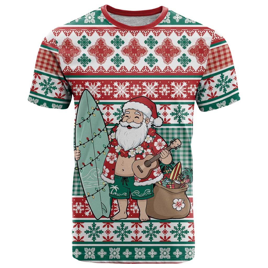 Hawaiian Funny Santa Surf T Shirt Mele Kalikimaka Palaka Quilt Pattern - Polynesian Pride