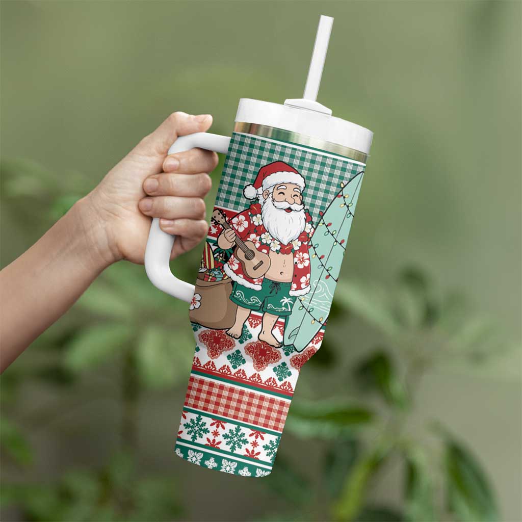 Hawaiian Funny Santa Surf Tumbler With Handle Mele Kalikimaka Palaka Quilt Pattern - Polynesian Pride