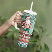Hawaiian Funny Santa Surf Tumbler With Handle Mele Kalikimaka Palaka Quilt Pattern - Polynesian Pride