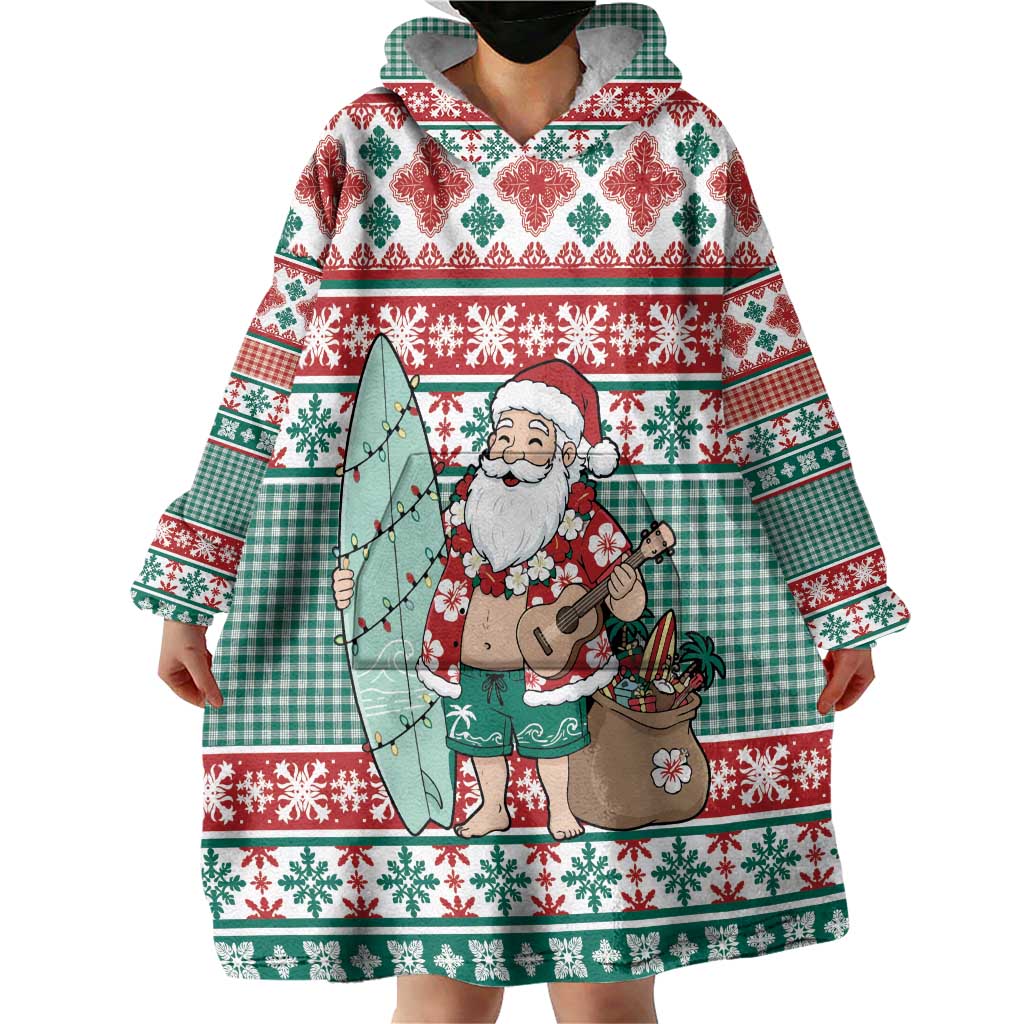 Hawaiian Funny Santa Surf Wearable Blanket Hoodie Mele Kalikimaka Palaka Quilt Pattern - Polynesian Pride