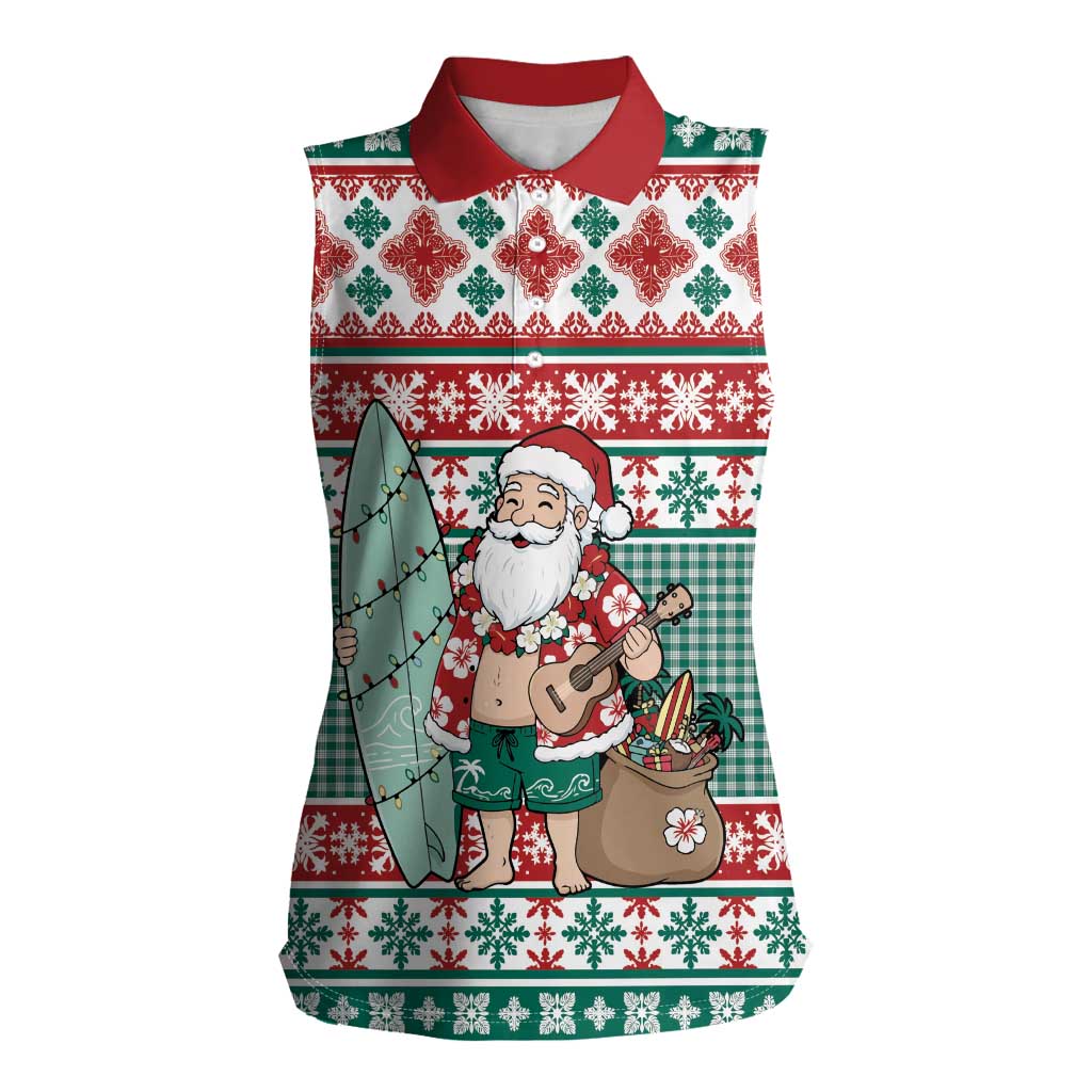 Hawaiian Funny Santa Surf Women Sleeveless Polo Shirt Mele Kalikimaka Palaka Quilt Pattern - Polynesian Pride