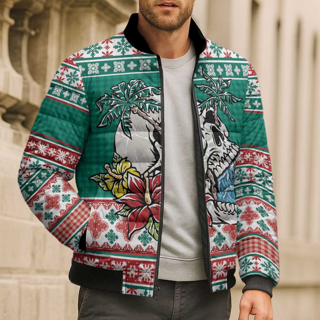 Hawaiian Skull Surfs Bomber Puffer Jacket Mele Kalikimaka Palaka Quilt Pattern - Polynesian Pride