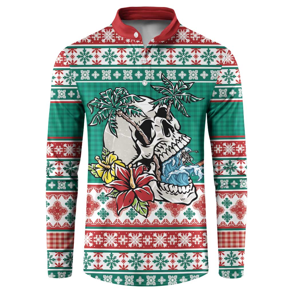 Hawaiian Skull Surfs Button Sweatshirt Mele Kalikimaka Palaka Quilt Pattern - Polynesian Pride