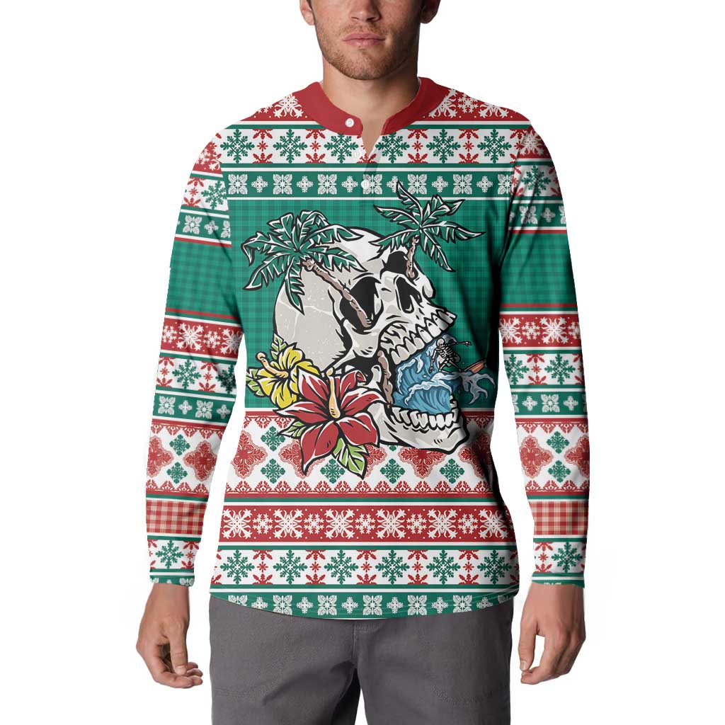 Hawaiian Skull Surfs Button Sweatshirt Mele Kalikimaka Palaka Quilt Pattern - Polynesian Pride