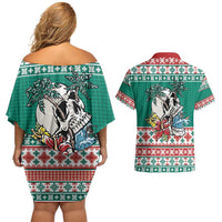 Hawaiian Skull Surfs Couples Matching Off Shoulder Short Dress and Hawaiian Shirt Mele Kalikimaka Palaka Quilt Pattern - Polynesian Pride