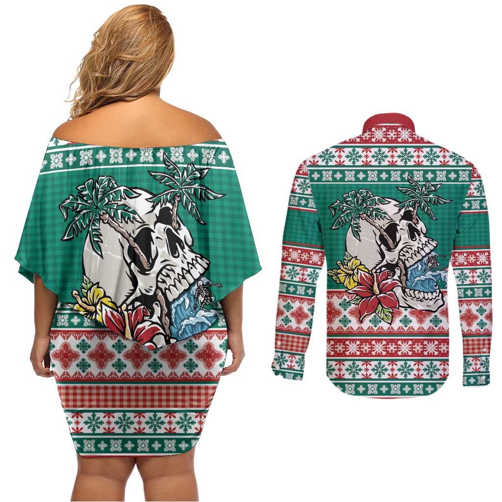 Hawaiian Skull Surfs Couples Matching Off Shoulder Short Dress and Long Sleeve Button Shirt Mele Kalikimaka Palaka Quilt Pattern - Polynesian Pride