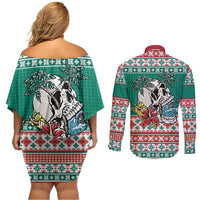 Hawaiian Skull Surfs Couples Matching Off Shoulder Short Dress and Long Sleeve Button Shirt Mele Kalikimaka Palaka Quilt Pattern - Polynesian Pride
