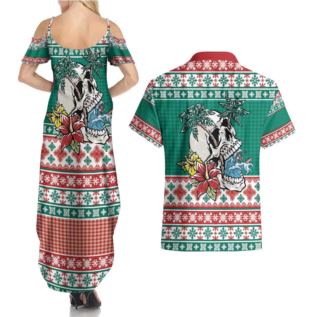 Hawaiian Skull Surfs Couples Matching Summer Maxi Dress and Hawaiian Shirt Mele Kalikimaka Palaka Quilt Pattern - Polynesian Pride