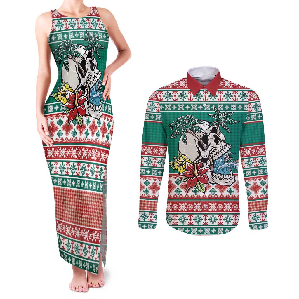 Hawaiian Skull Surfs Couples Matching Tank Maxi Dress and Long Sleeve Button Shirt Mele Kalikimaka Palaka Quilt Pattern - Polynesian Pride