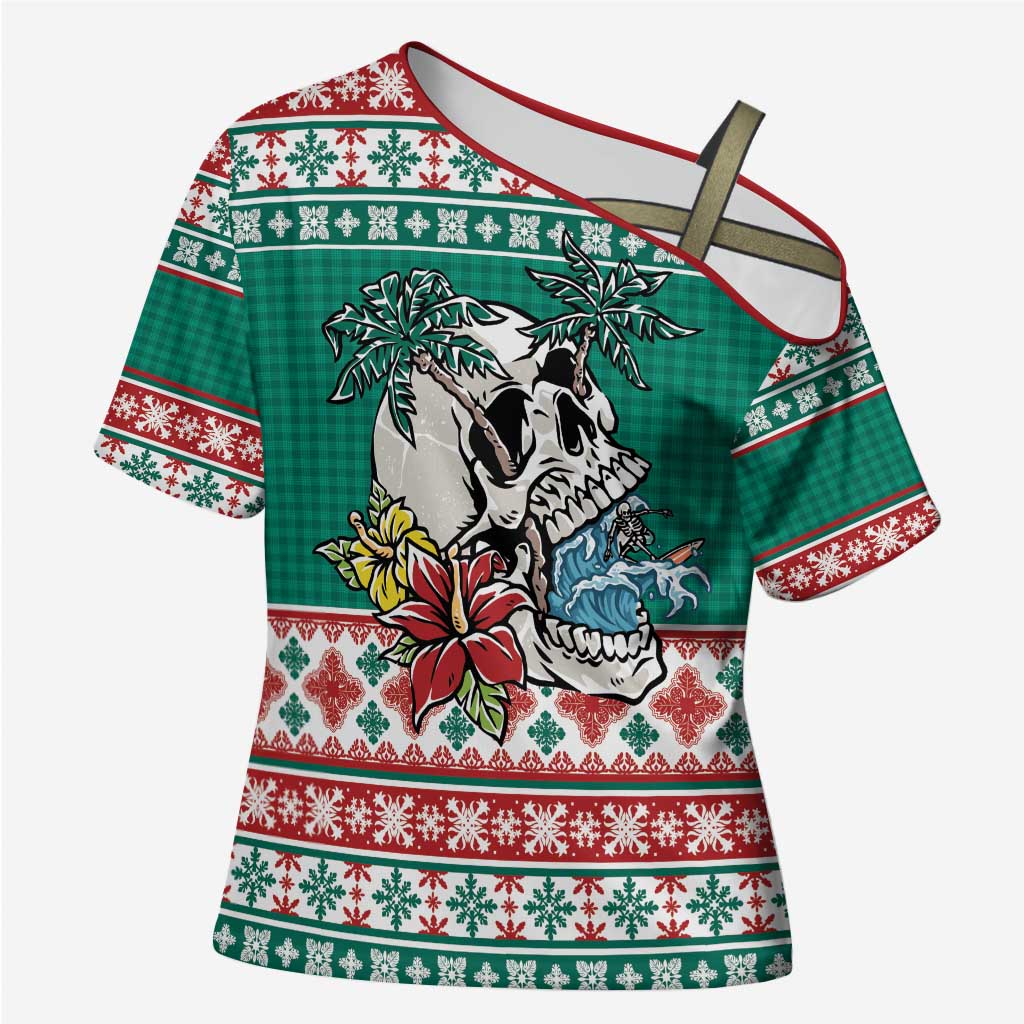 Hawaiian Skull Surfs Cross Shoulder Shirt Mele Kalikimaka Palaka Quilt Pattern - Polynesian Pride