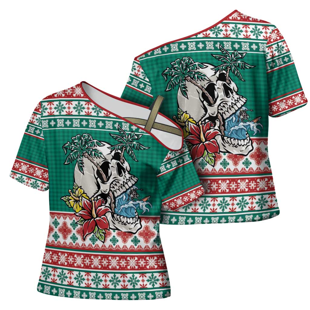 Hawaiian Skull Surfs Cross Shoulder Shirt Mele Kalikimaka Palaka Quilt Pattern - Polynesian Pride