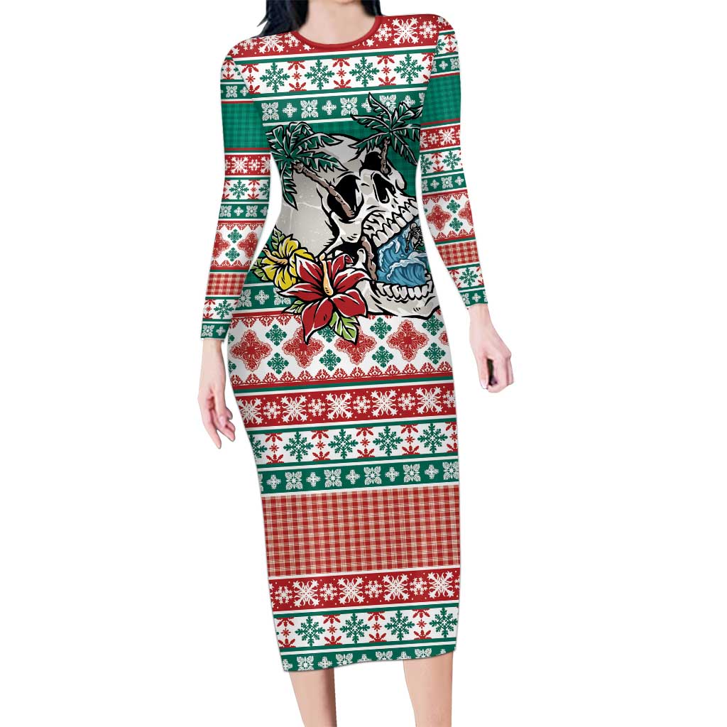 Hawaiian Skull Surfs Family Matching Long Sleeve Bodycon Dress and Hawaiian Shirt Mele Kalikimaka Palaka Quilt Pattern - Polynesian Pride