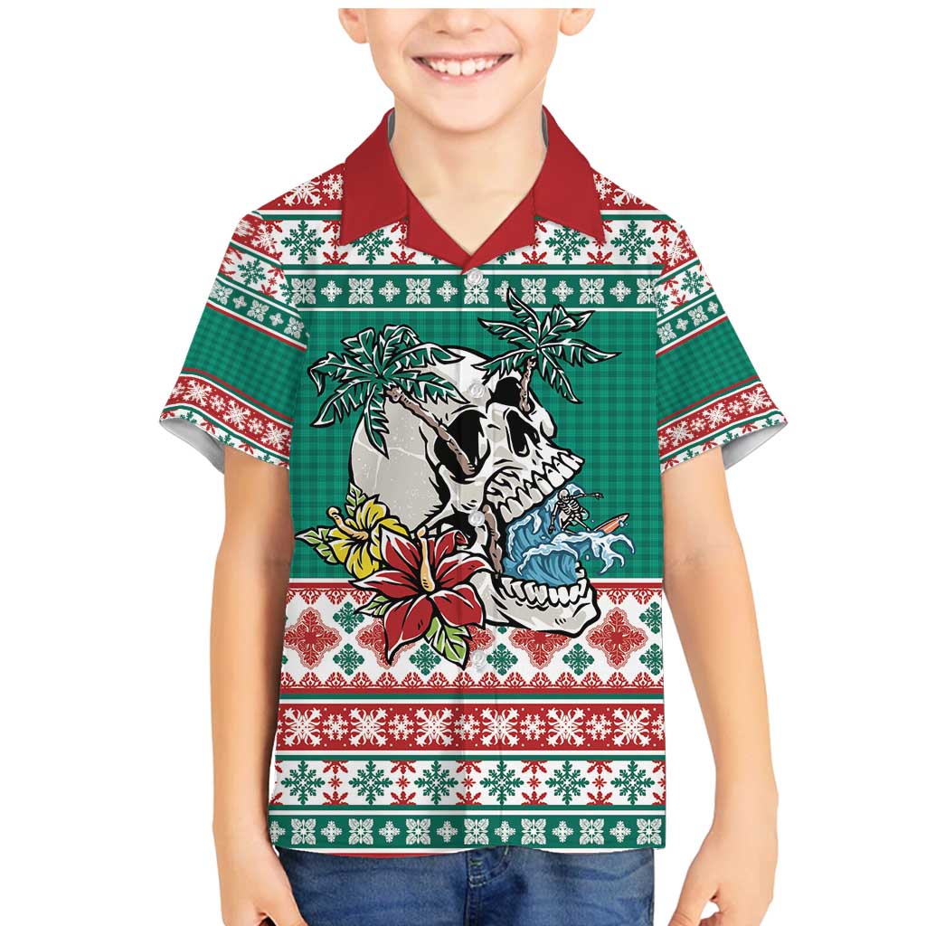 Hawaiian Skull Surfs Family Matching Mermaid Dress and Hawaiian Shirt Mele Kalikimaka Palaka Quilt Pattern - Polynesian Pride