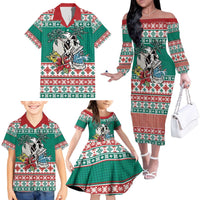 Hawaiian Skull Surfs Family Matching Off The Shoulder Long Sleeve Dress and Hawaiian Shirt Mele Kalikimaka Palaka Quilt Pattern - Polynesian Pride