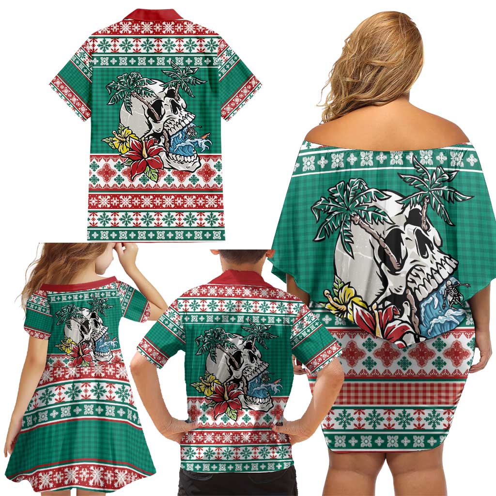 Hawaiian Skull Surfs Family Matching Off Shoulder Short Dress and Hawaiian Shirt Mele Kalikimaka Palaka Quilt Pattern - Polynesian Pride