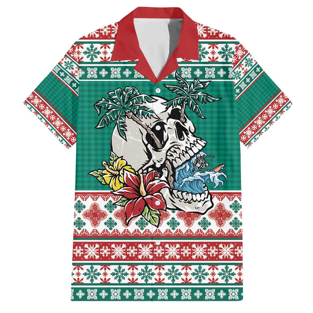 Hawaiian Skull Surfs Family Matching Off Shoulder Short Dress and Hawaiian Shirt Mele Kalikimaka Palaka Quilt Pattern - Polynesian Pride