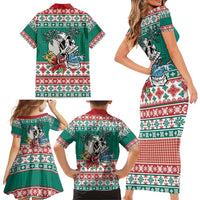 Hawaiian Skull Surfs Family Matching Short Sleeve Bodycon Dress and Hawaiian Shirt Mele Kalikimaka Palaka Quilt Pattern - Polynesian Pride