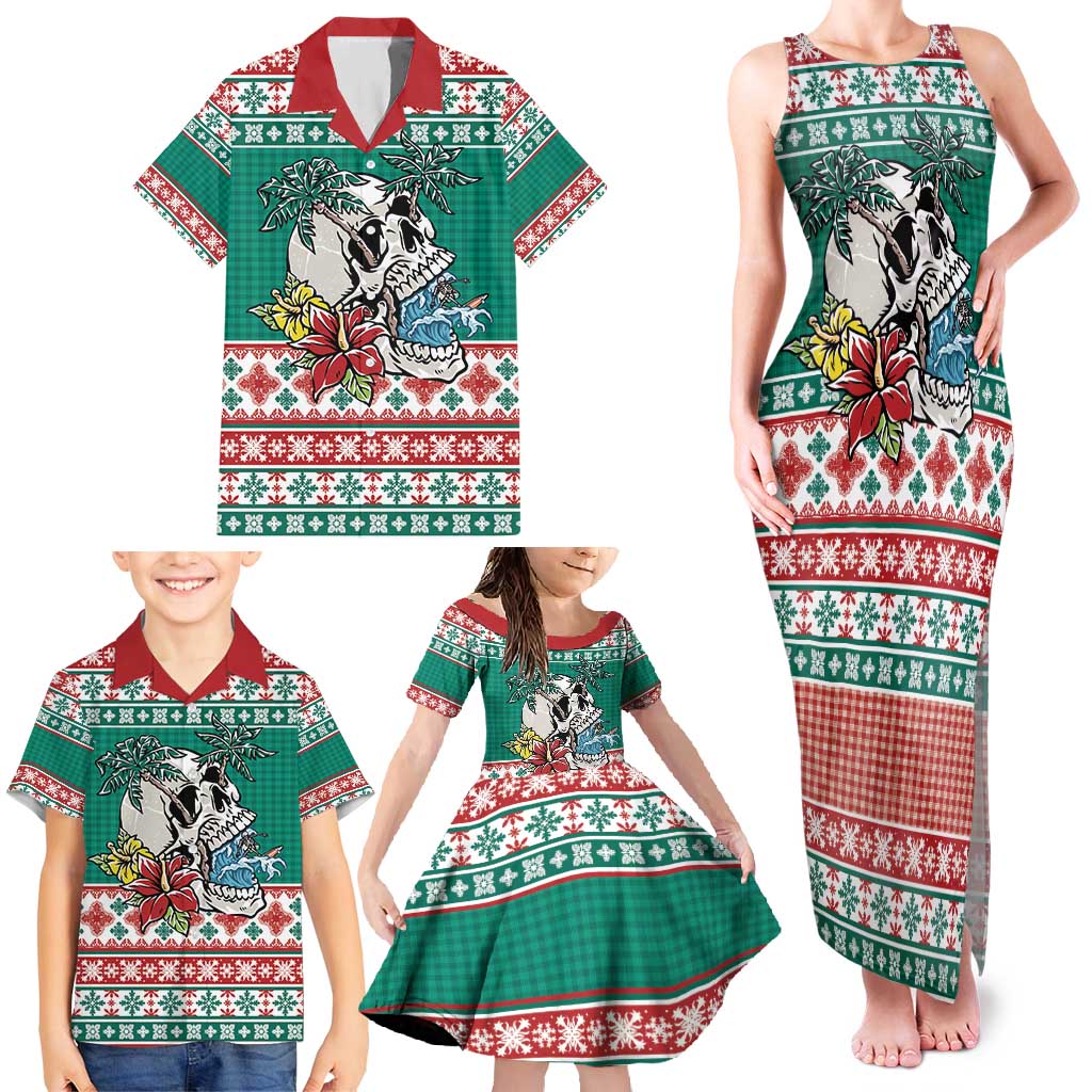 Hawaiian Skull Surfs Family Matching Tank Maxi Dress and Hawaiian Shirt Mele Kalikimaka Palaka Quilt Pattern - Polynesian Pride