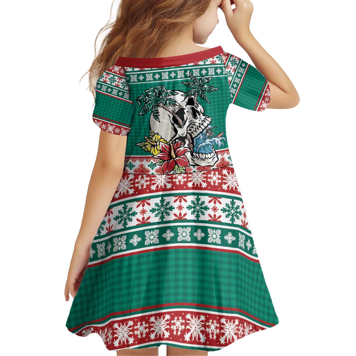 Hawaiian Skull Surfs Kid Short Sleeve Dress Mele Kalikimaka Palaka Quilt Pattern - Polynesian Pride