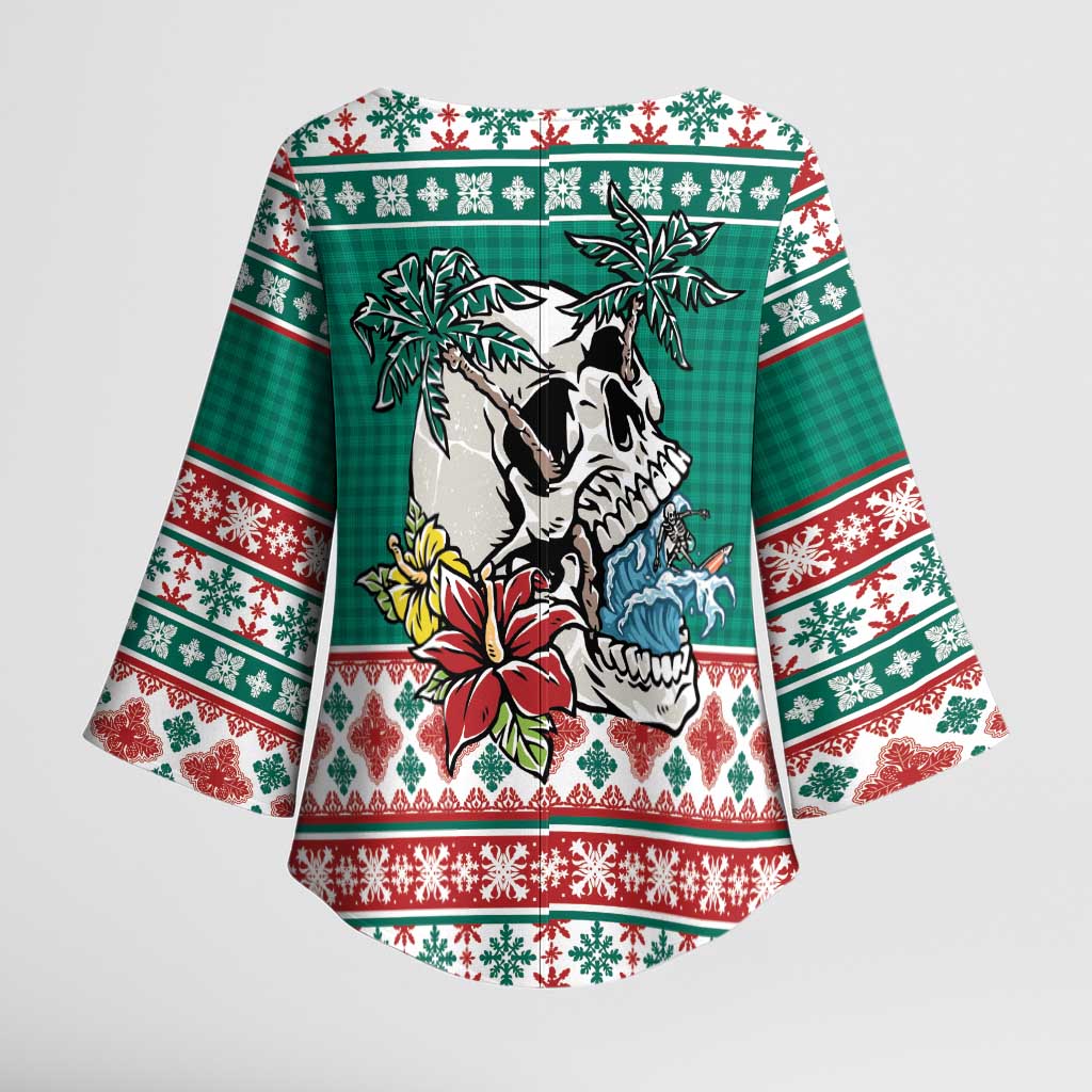 Hawaiian Skull Surfs Kimono Sleeve Blouse Mele Kalikimaka Palaka Quilt Pattern - Polynesian Pride