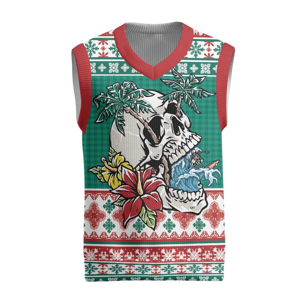 Hawaiian Skull Surfs Christmas Knitted V-Neck Vest Mele Kalikimaka Palaka Quilt Pattern - Polynesian Pride