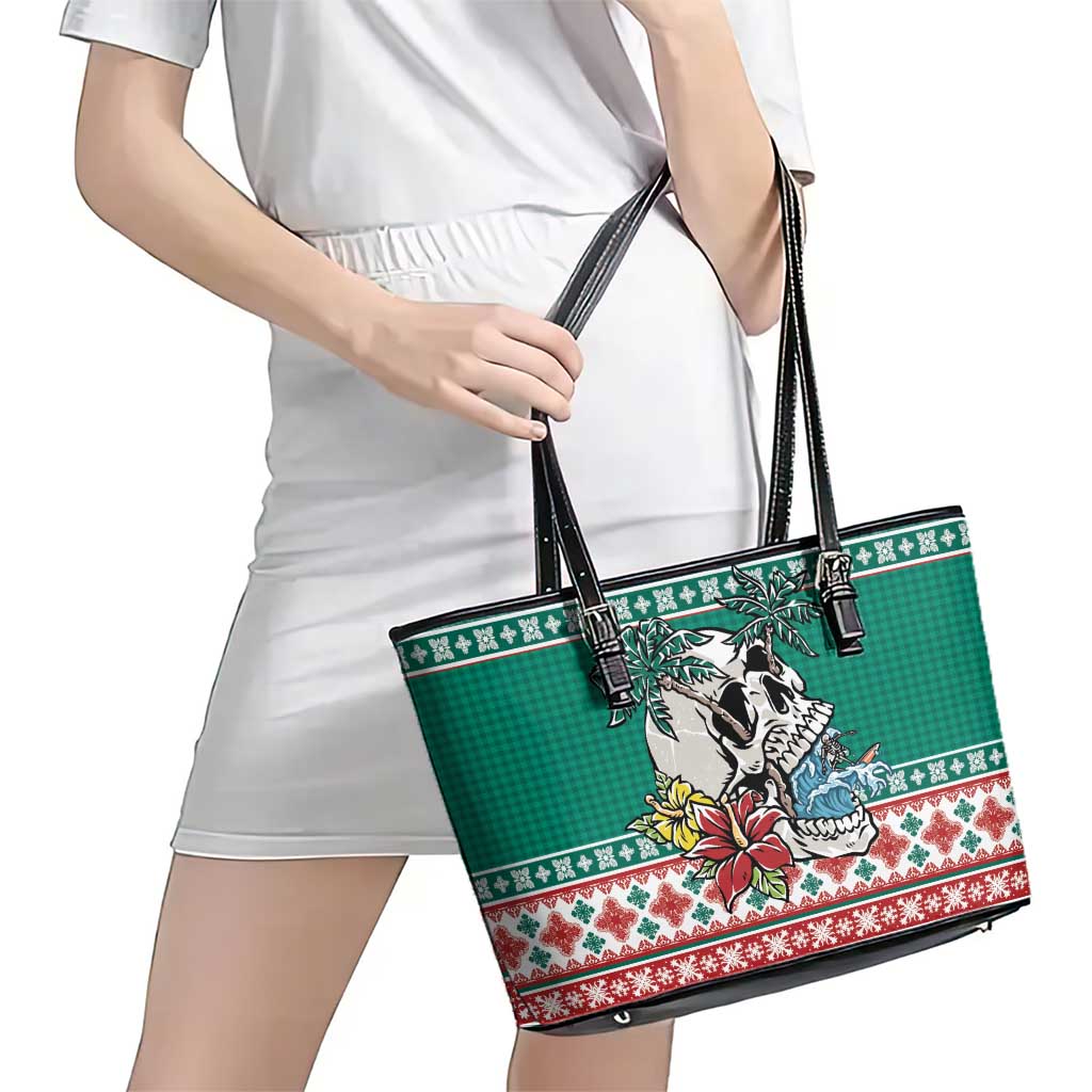 Hawaiian Skull Surfs Leather Tote Bag Mele Kalikimaka Palaka Quilt Pattern - Polynesian Pride