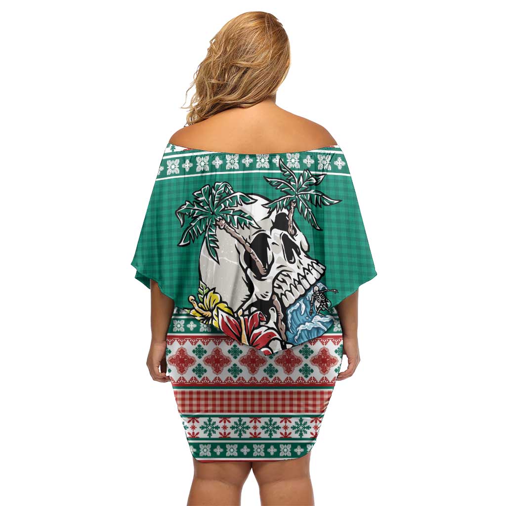 Hawaiian Skull Surfs Off Shoulder Short Dress Mele Kalikimaka Palaka Quilt Pattern - Polynesian Pride