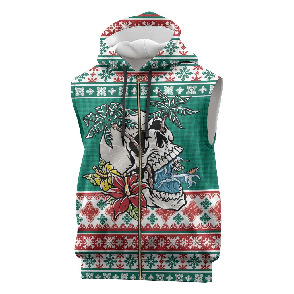 Hawaiian Skull Surfs Sleeveless Zip Hoodie Mele Kalikimaka Palaka Quilt Pattern - Polynesian Pride