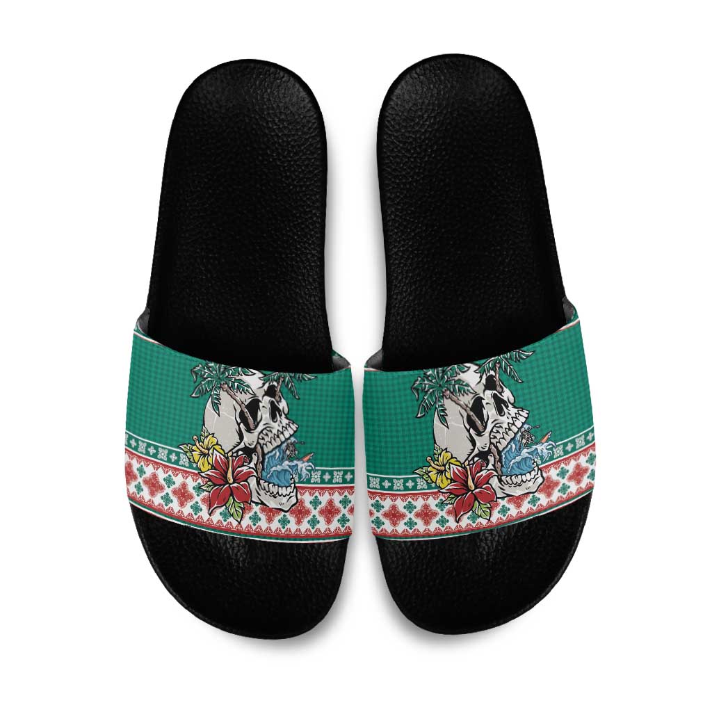 Hawaiian Skull Surfs Slide Sandals Mele Kalikimaka Palaka Quilt Pattern - Polynesian Pride