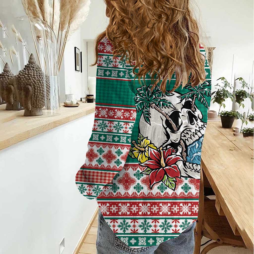 Hawaiian Skull Surfs Women Casual Shirt Mele Kalikimaka Palaka Quilt Pattern - Polynesian Pride