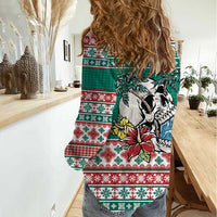 Hawaiian Skull Surfs Women Casual Shirt Mele Kalikimaka Palaka Quilt Pattern - Polynesian Pride