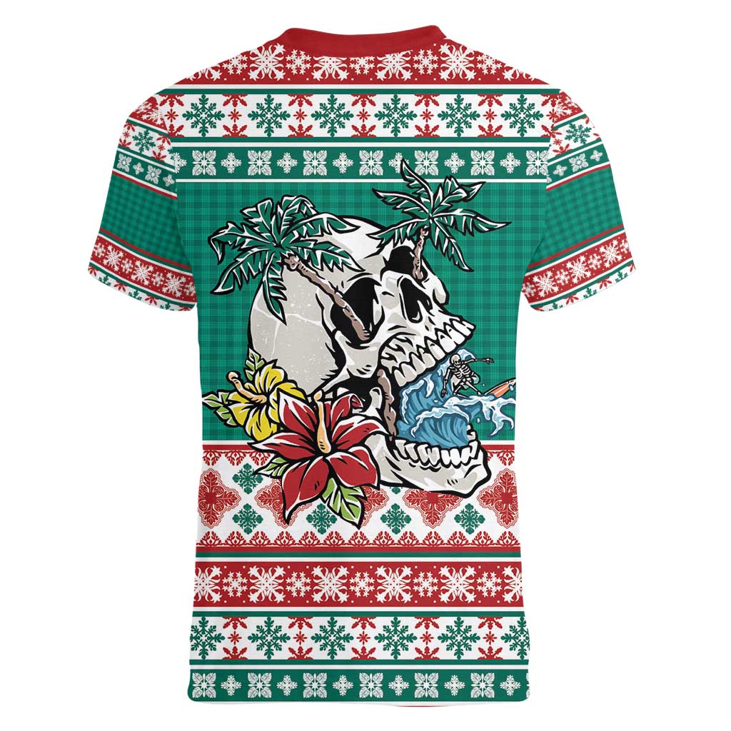Hawaiian Skull Surfs Women V-Neck T-Shirt Mele Kalikimaka Palaka Quilt Pattern - Polynesian Pride